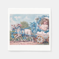 Vintage Easter Illustration with Girl and Lambs