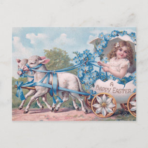 Vintage Easter Illustration with Girl and Lambs Postcard