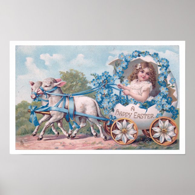 Vintage Easter Illustration with Girl and Lambs Poster (Front)