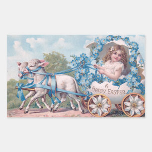 Vintage Easter Illustration with Girl and Lambs Rectangular Sticker