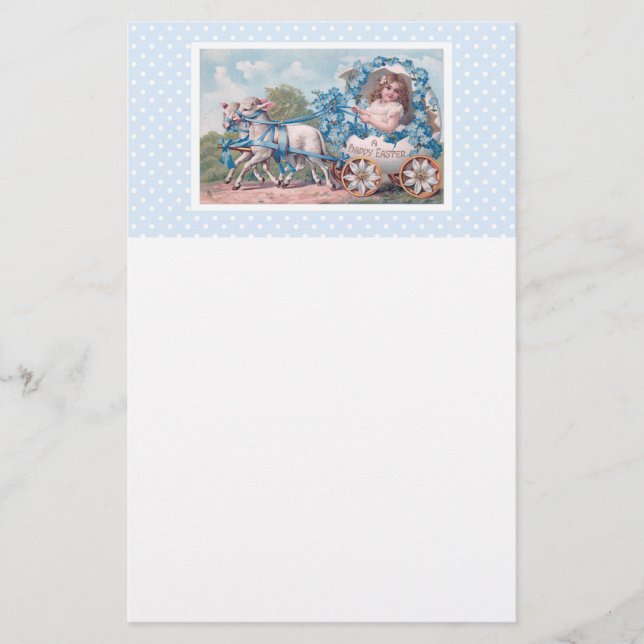 Vintage Easter Illustration with Girl and Lambs Stationery (Front)