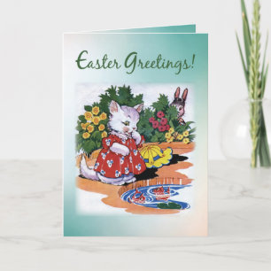 Vintage Easter Kitten Greetings Holiday Card