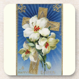 Vintage Easter Lilies and Gold Cross Coaster