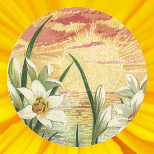 Vintage Easter Lilies Sunrise and Victorian Angels Classic Round Sticker (Creator Uploaded)