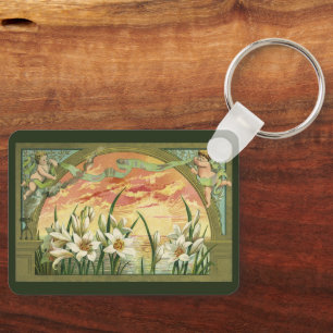 Vintage Easter Lilies Sunrise and Victorian Angels Key Ring