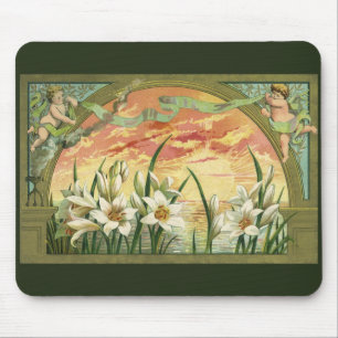 Vintage Easter Lilies Sunrise and Victorian Angels Mouse Mat