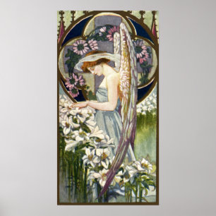 Vintage Easter Lily Flowers and Victorian Angel Poster