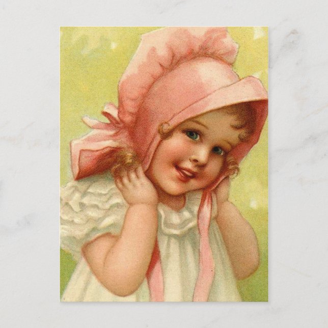 Vintage Easter Pink Bonnet Girl Holiday Postcard (Front)