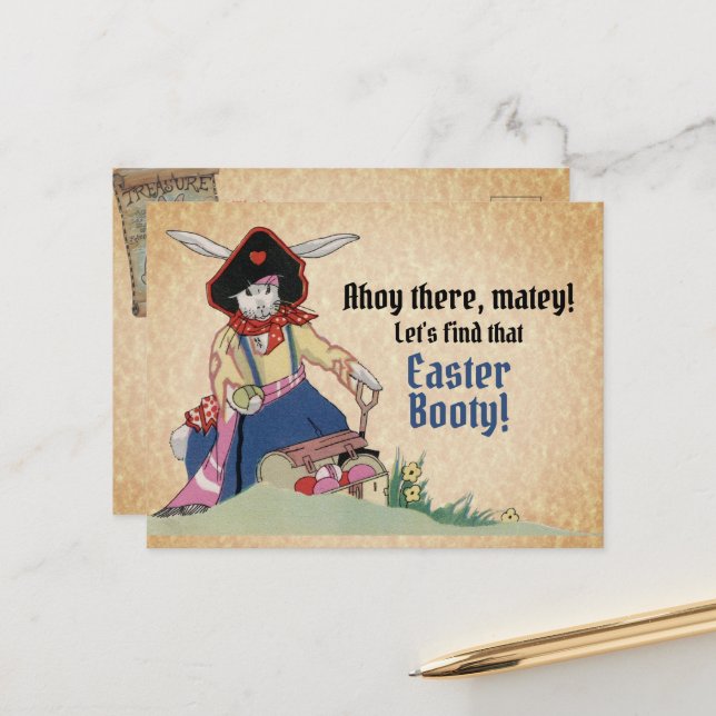 Vintage Easter Pirate Rabbit Bunny Treasure Chest  Postcard (Front/Back In Situ)