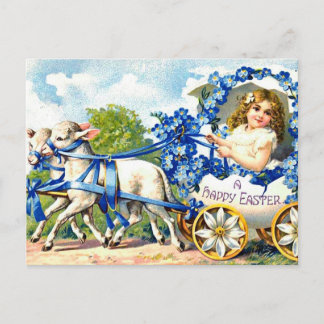 VINTAGE EASTER POSTCARD - CHILD IN AN EGG W. GOATS