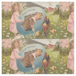 Vintage Easter Postcard Victorian Girl & Boy Fabric