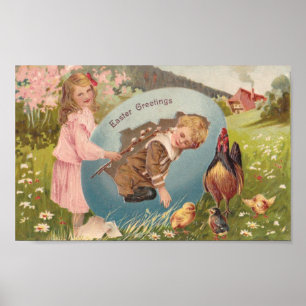 Vintage Easter Postcard Victorian Girl & Boy Poster