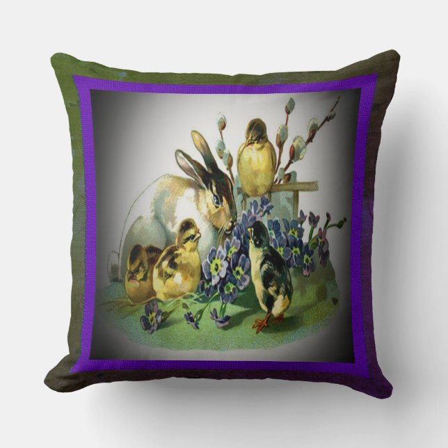 Vintage Easter Rabbit, Baby Chicks & Flowers, ZSSG Cushion (Front)