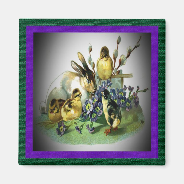 Vintage Easter Rabbit, Baby Chicks & Flowers, ZSSG Magnet (Front)