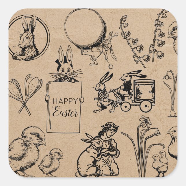 Vintage Easter Rabbit & Chick Kraft Brown Square Sticker (Front)