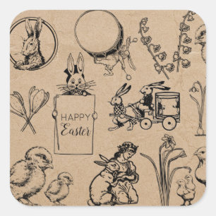 Vintage Easter Rabbit & Chick Kraft Brown Square Sticker