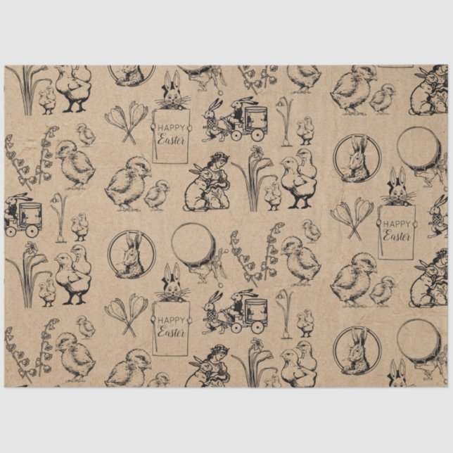 Vintage Easter Rabbit & Chick Kraft Brown  Tissue Paper (Front)
