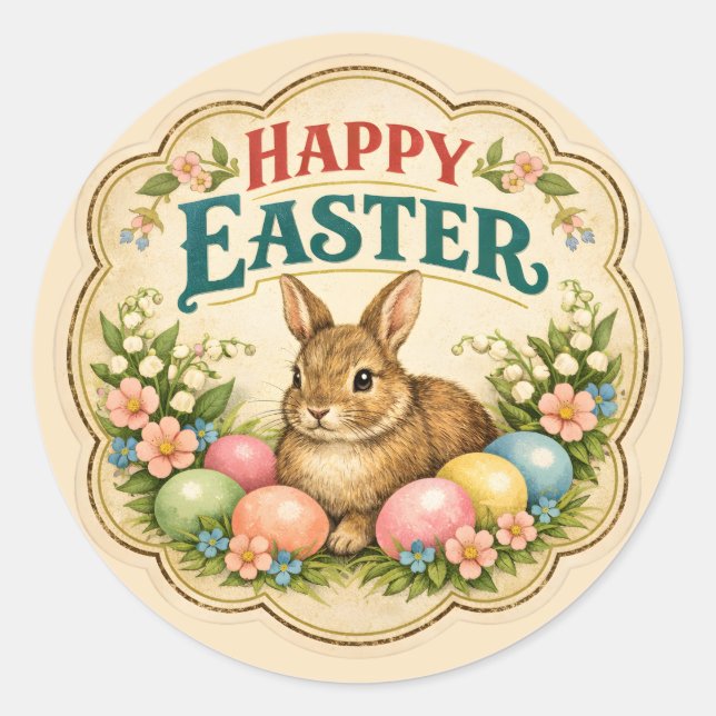 Vintage Easter Rabbit Classic Round Sticker (Front)