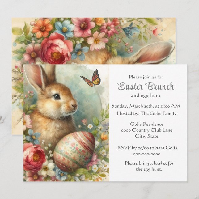 Vintage Easter Rabbit Holiday Brunch  Invitation (Front/Back)