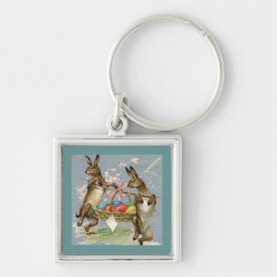 Vintage Easter Rabbits Carry Eggs in Basket, ZSSG Key Ring