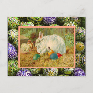 Vintage Easter, Rabbits, chicks and eggs Holiday Postcard