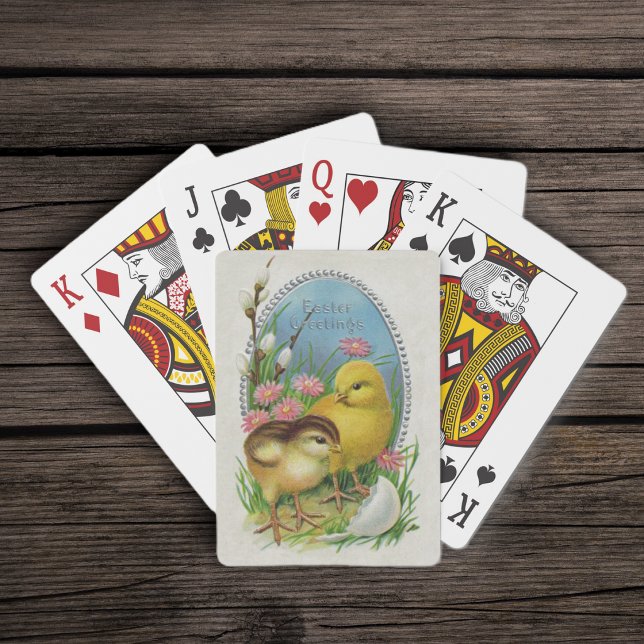 Vintage Easter Spring Baby Chicks Flowers Playing Cards (Cute baby yellow chicks pretty flowers fancy blue frame on white Happy Easter deck of playing cards.)