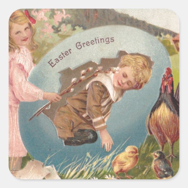 Vintage Easter Victorian Girl & Boy Square Sticker (Front)