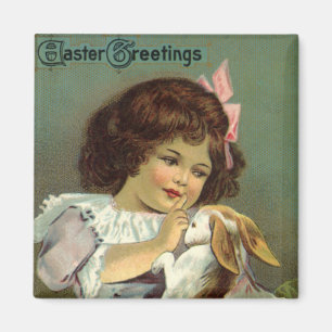 Vintage Easter, Victorian Girl Bunny Rabbit Eggs Magnet