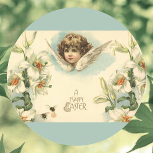 Vintage Easter, Victorian Lily Flowers and Angel Classic Round Sticker