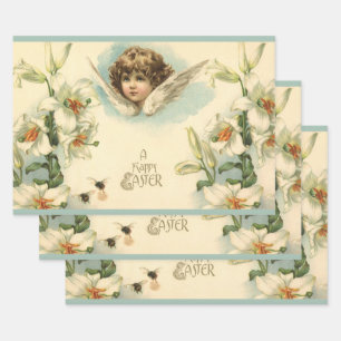 Vintage Easter, Victorian Lily Flowers and Angel Wrapping Paper Sheet