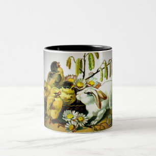 Vintage Easter White Rabbit & Baby Chicks, ZSSG Two-Tone Coffee Mug