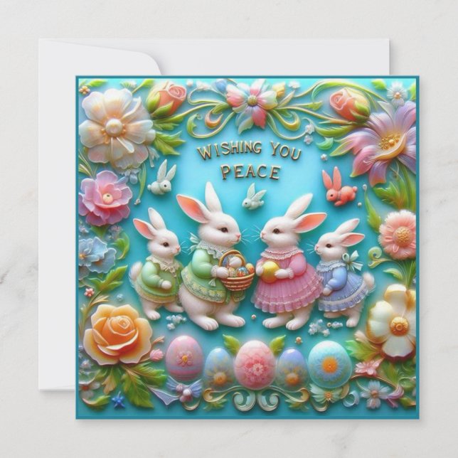 Vintage Easter ~ WISHING YOU PEACE ~ Bunnies ~ Holiday Card (Front)