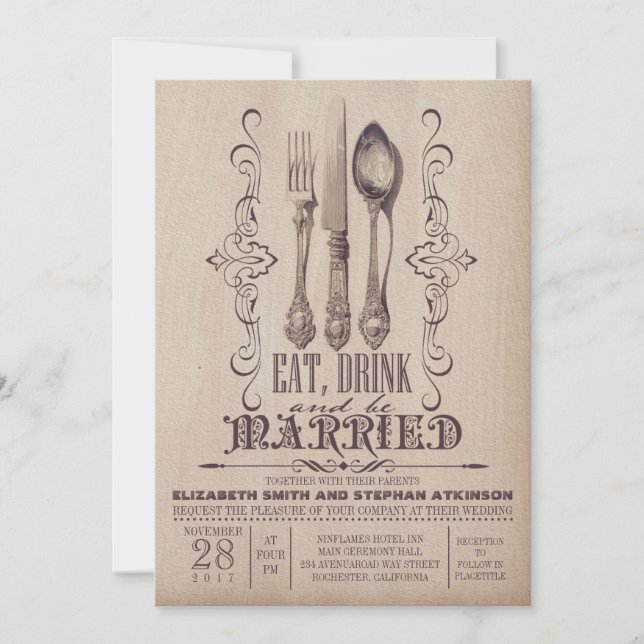 Vintage EAT DRINK AND BE MARRIED Wedding Invitation (Front)