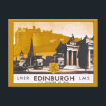 Vintage Edinburgh LNER/LMS railway travel ad Postcard<br><div class="desc">Vintage 1910s-1920s British travel advert, for the City of Edinburgh, Scotland (it's quicker by rail) by The London and North Eastern Railway (LNER) and The London Midland and Scottish Railway (LMS). In an origially black-and-white image, parts are coloured in one colour, yellow, a technique that you even see now (more...</div>