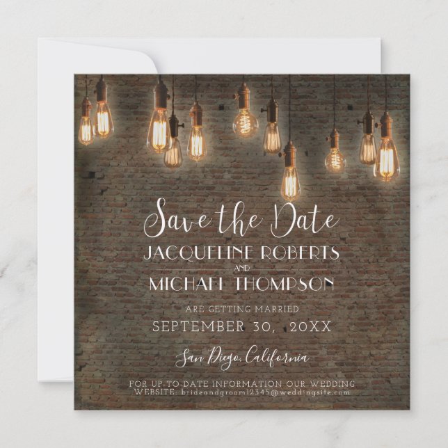 Vintage Edison Lights Brick Industrial Warehouse Save The Date (Front)