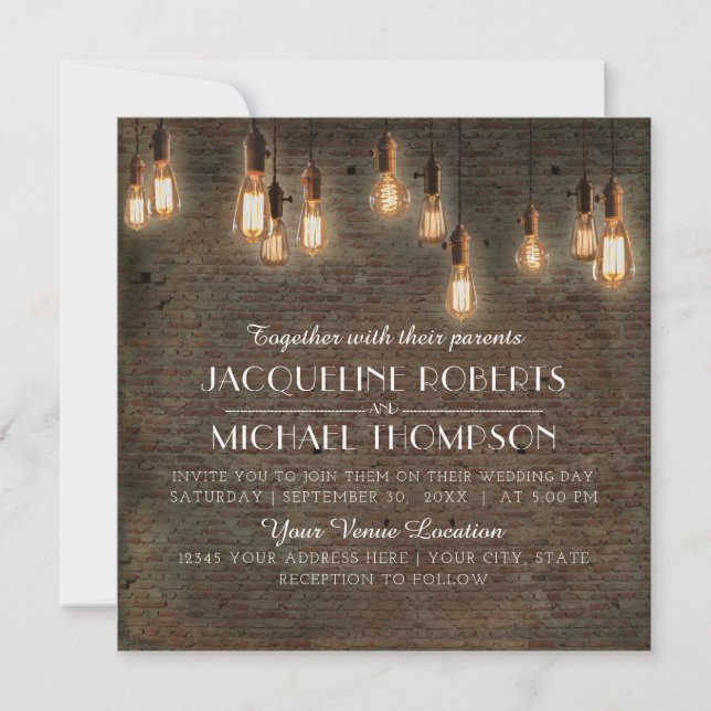 Vintage Edison Lights Industrial Warehouse Brick Invitation (Front)