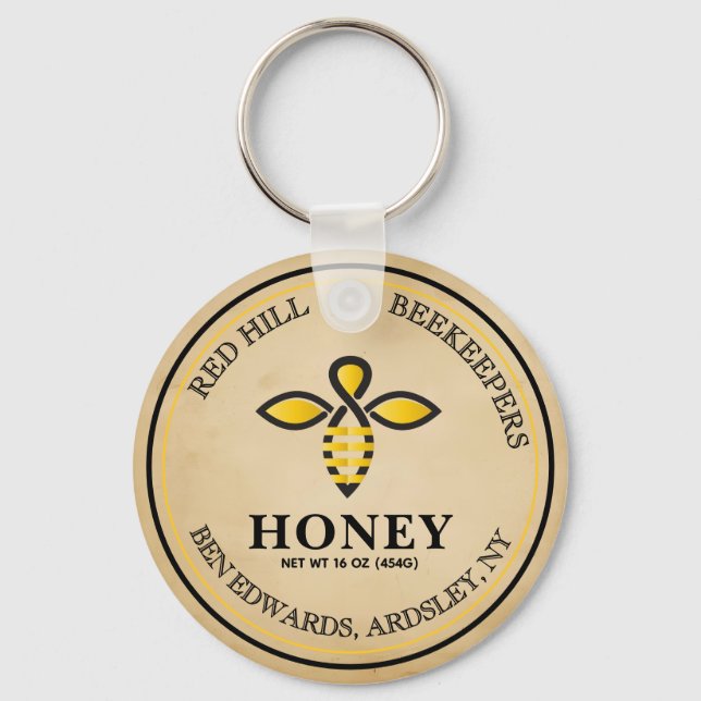 vintage Editable Honey Jar Bee Label Key Ring (Front)