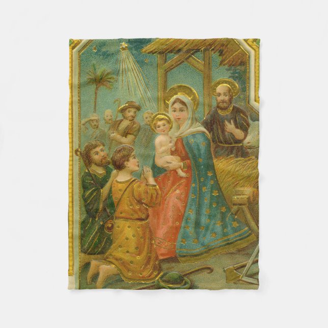 Vintage Edwardian Era Nativity Christmas Card Fleece Blanket (Front)