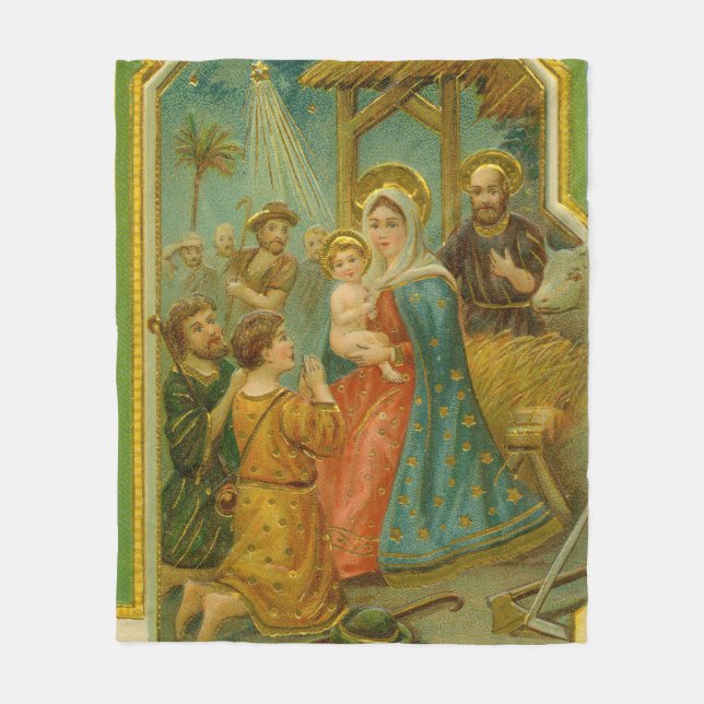 Vintage Edwardian Era Nativity Christmas Card Fleece Blanket (Front)