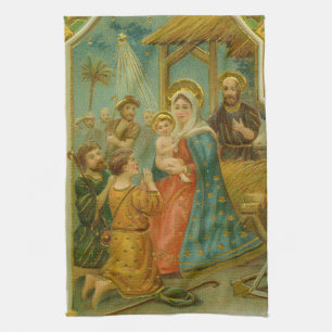 Vintage Edwardian Era Nativity Christmas Card Tea Towel