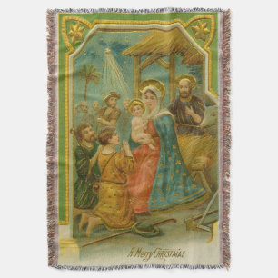 Vintage Edwardian Era Nativity Christmas Card Throw Blanket