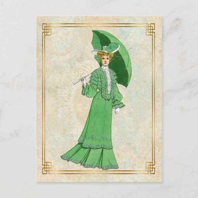Vintage Edwardian Green Dress and Umbrella Postcard (Front)