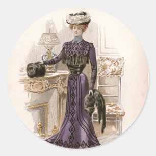 Vintage Edwardian Lady Fox Fashion Illustration   Classic Round Sticker