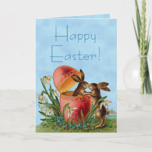 Vintage Egg  and Easter Rabbits Kissing V02A Holiday Card