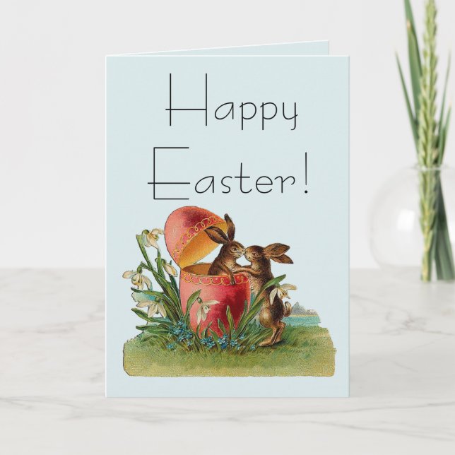 Vintage Egg & Easter Rabbits Kissing Holiday Card (Front)