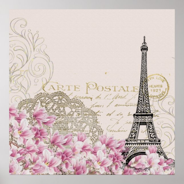 Vintage Eiffel Tower Collage with Pink WIldflowers Poster (Front)