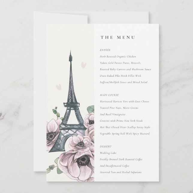 Vintage Eiffel Tower Floral Wedding Menu Card (Front)