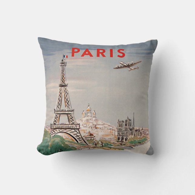 Vintage Eiffel Tower Paris Air Travel Advertising Cushion (Front)
