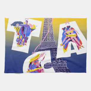Vintage Eiffel Tower Paris Air Travel Advertising Tea Towel