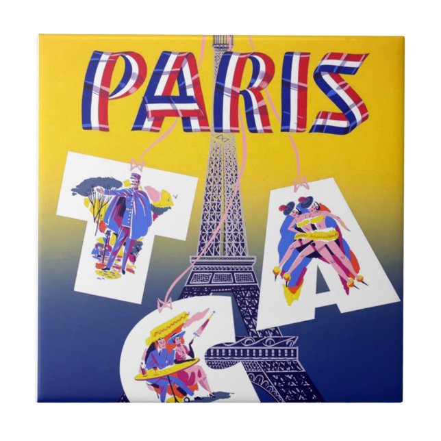 Vintage Eiffel Tower Paris Air Travel Advertising Tile (Front)